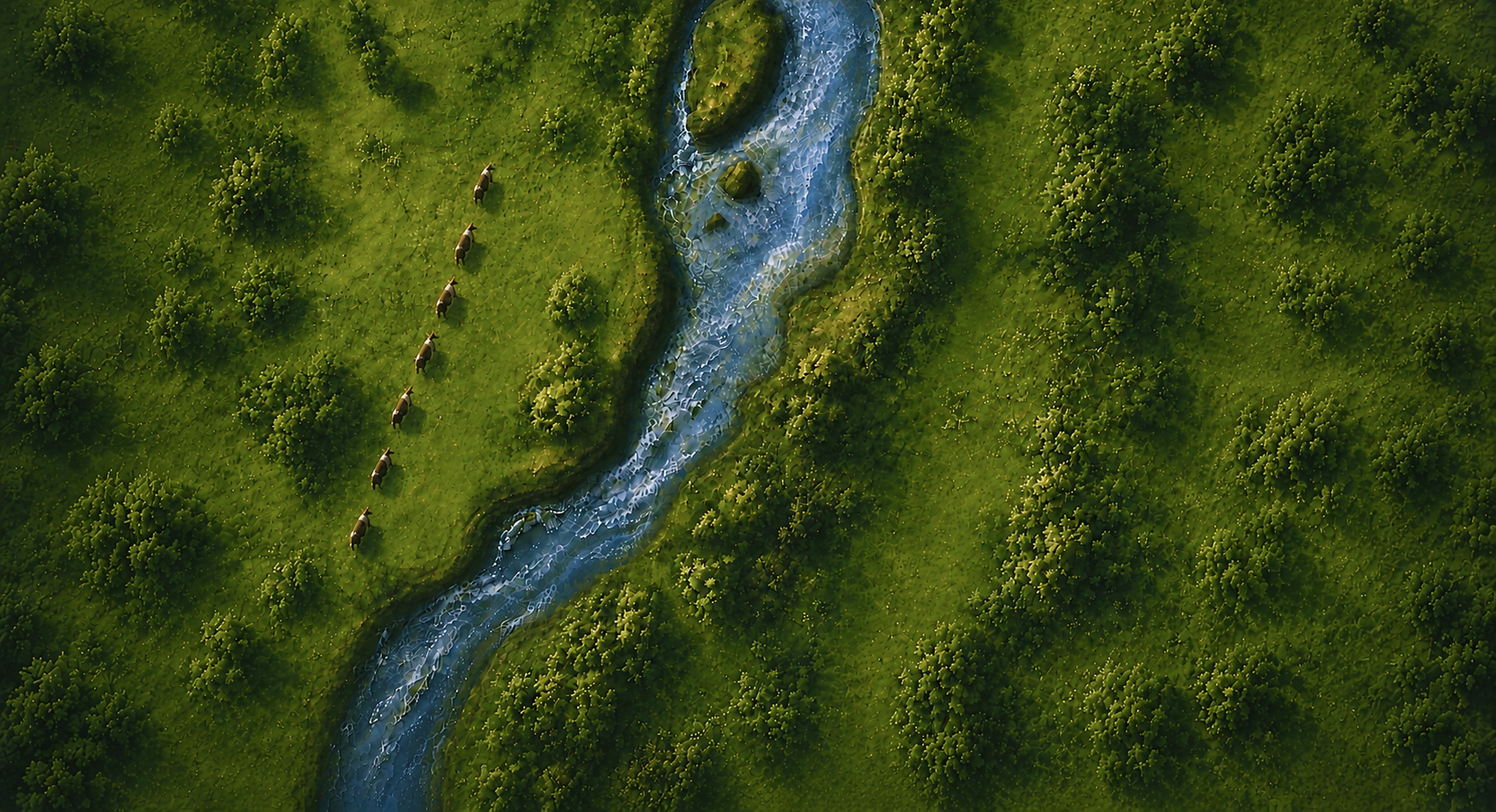 Aerial view of cattle walking a track beside a river through green pasture